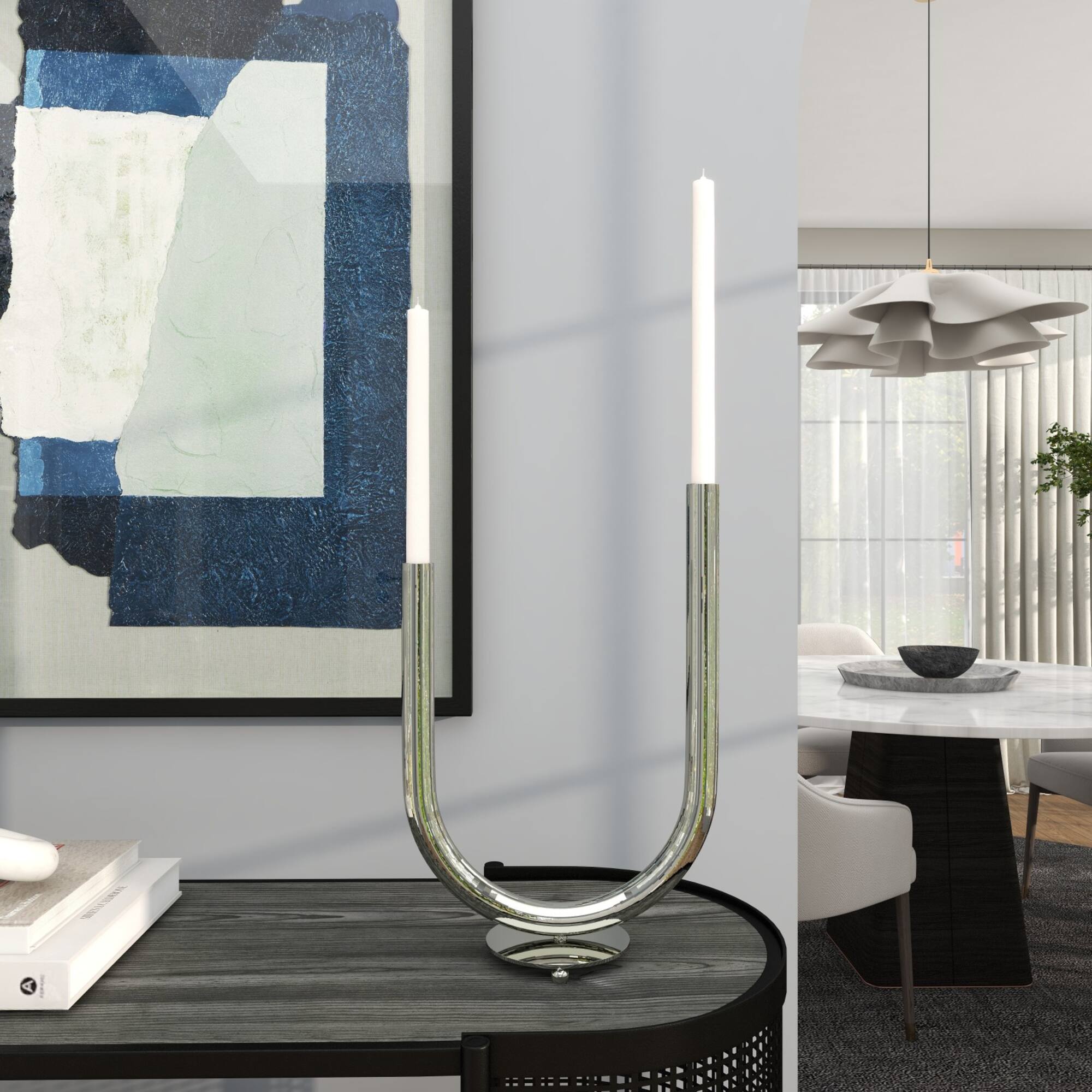 14" Silver Stainless Steel Abstract U-Shaped Candelabra